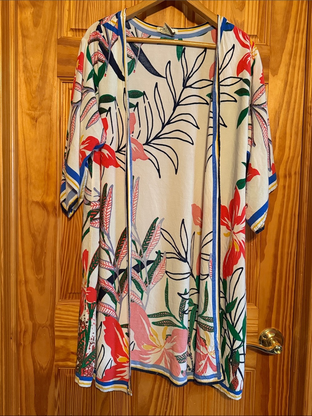 Flying Tomato Cream Floral Open-Front Kimono with Red Pink Green Blue Accents